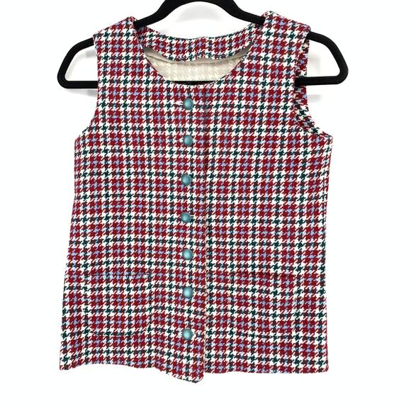 Vintage 70s Vest Button Front Womens Sz Small Red Blue Green Plaid - Picture 1 of 4